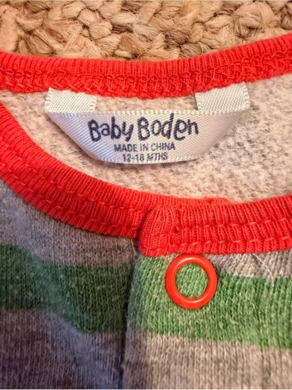 Baby Boden Gray Striped Footie with Red Trim and Yellow Knee Patches playsuit